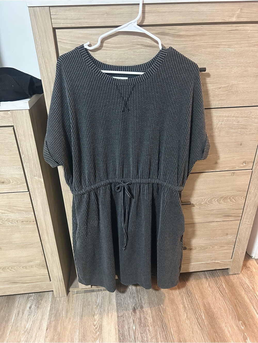 Maurices Black and White Striped Midi Dress with Drawstring Waist